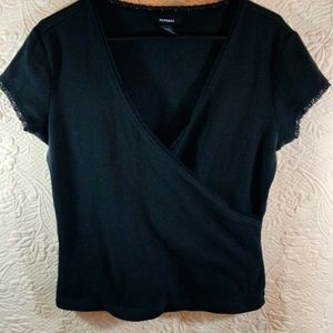 Express Black Lace Trimmed Surplice Plunging Neckline Short Sleeve Top